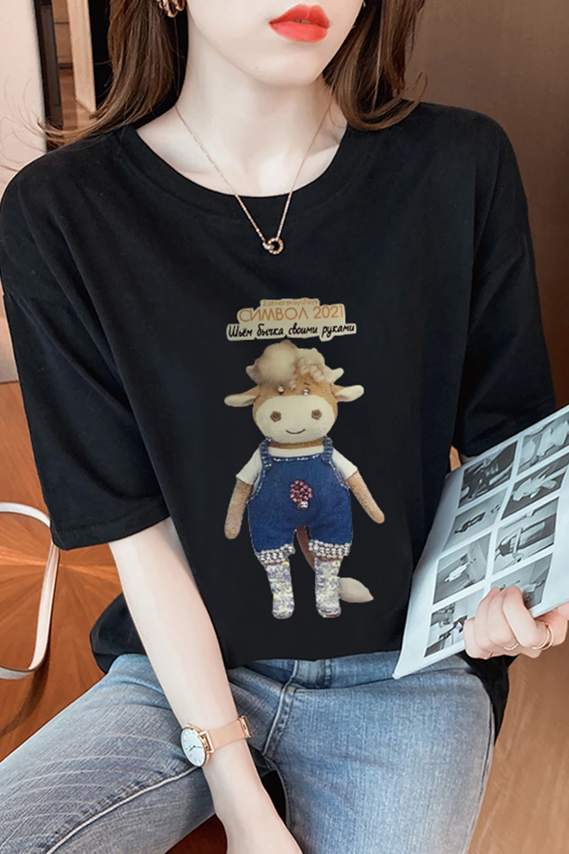 

2021 New Women Top Shirts Cotton Office Lady Short Sleeve Casual T-Shirts Cartoon O-Neck Girls Summer Loose Black T-Shirts