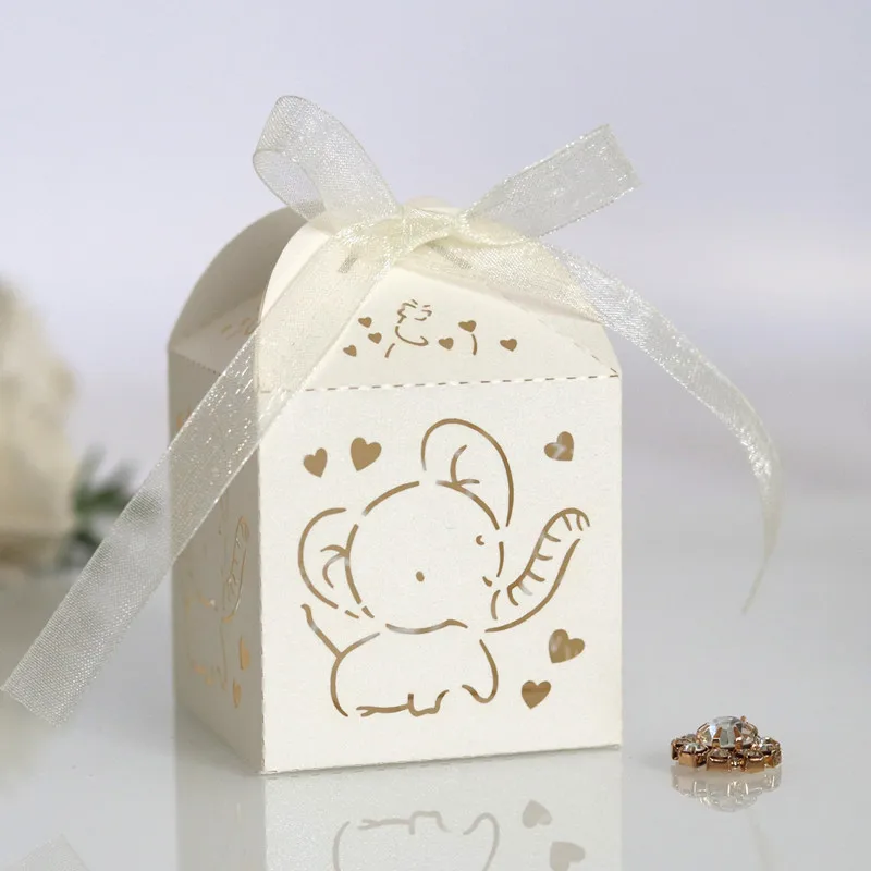 10pcs Laser Cut Elephant Hollow Favors Box Gifts Candy Dragee with Ribbon Baby Shower Wedding Birthday Bonbonniere Wrapping |
