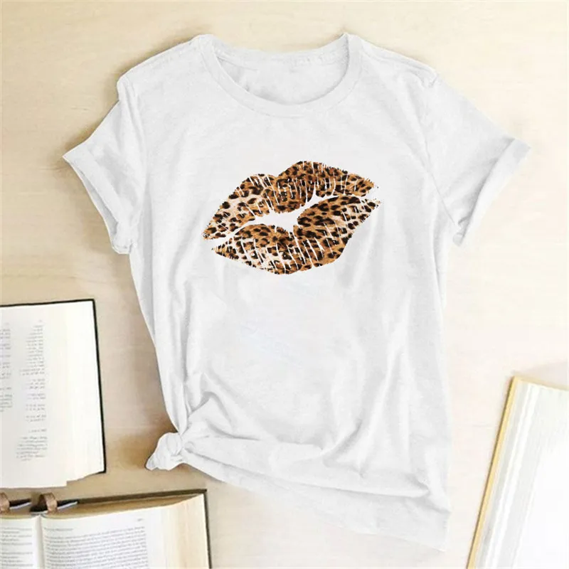 Женская Сексуальная футболка с леопардовым принтом и губ Повседневная забавная