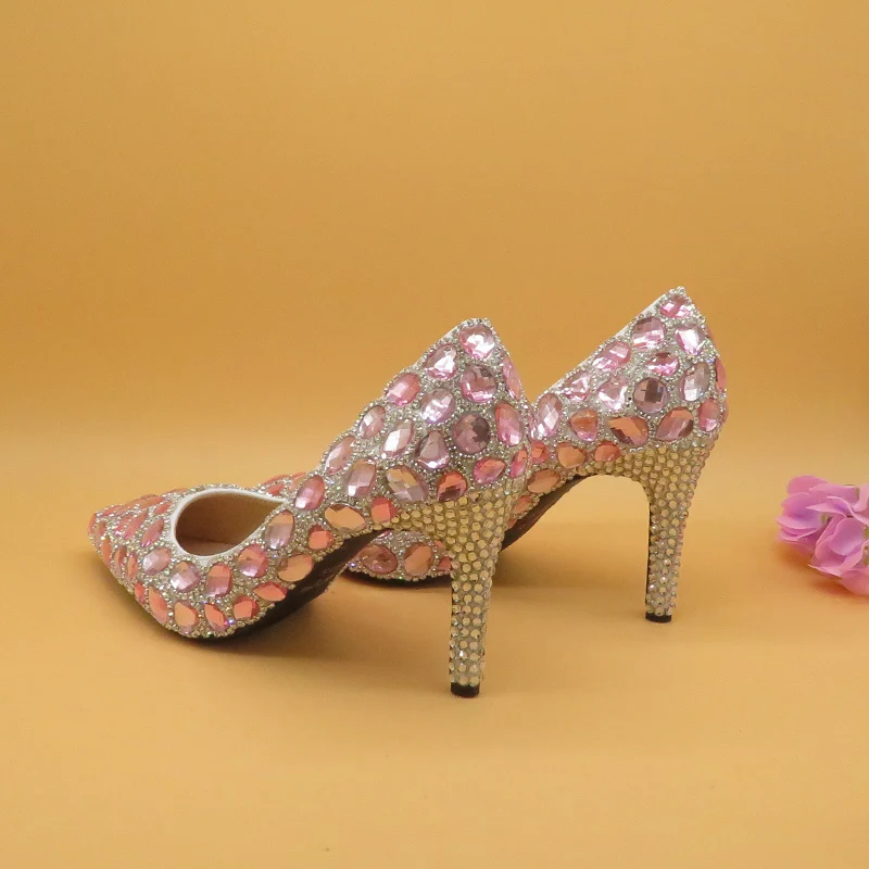 Розовые свадебные туфли со стразами обувь для подружки невесты с острым носком