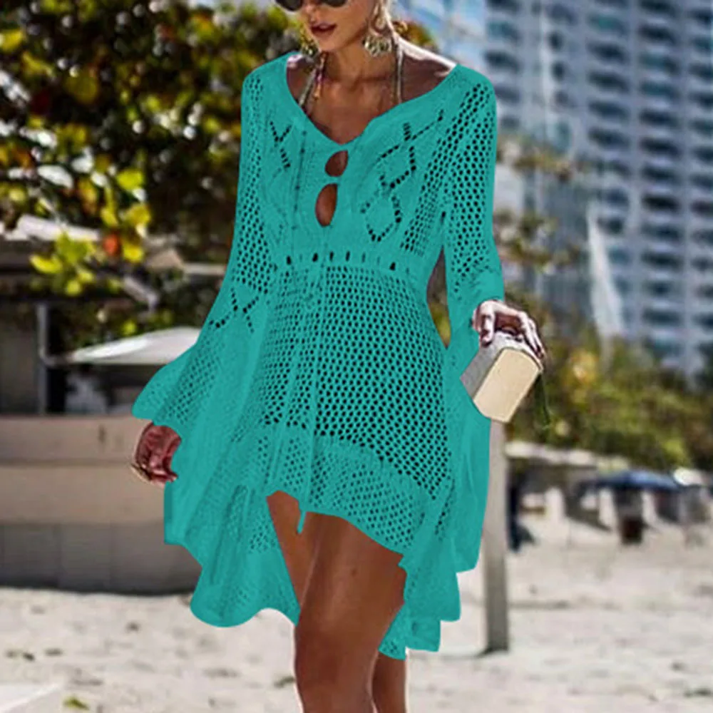 Beach Dress Cover Up Crochet Knitted Tassel Tie Beachwear Tunic Long Pareos Summer Swimsuit Sexy | Женская одежда