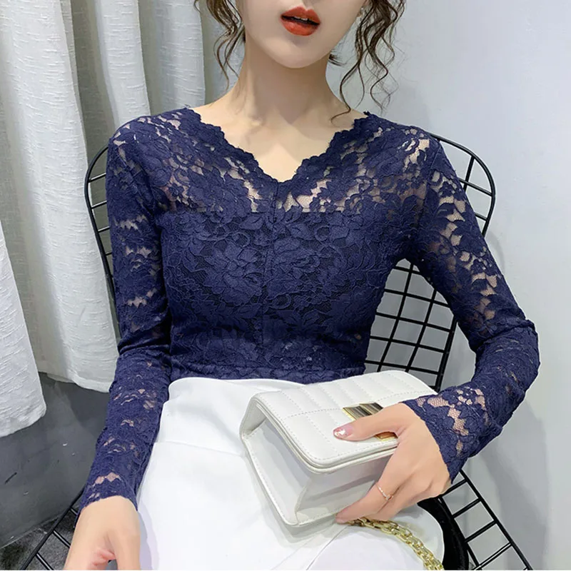 New V-Neck White Shirt Women Casual Long Sleeve Lace Blouse 2020 Hollow Out Autumn Tops Korean Style Clothes Womens Shirts | Женская
