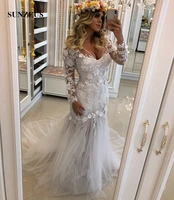 v neck long sleeves bridal dresses 2019 mermaid illusion tulle skirt long wedding gowns pearls appliques flowers robe mariage