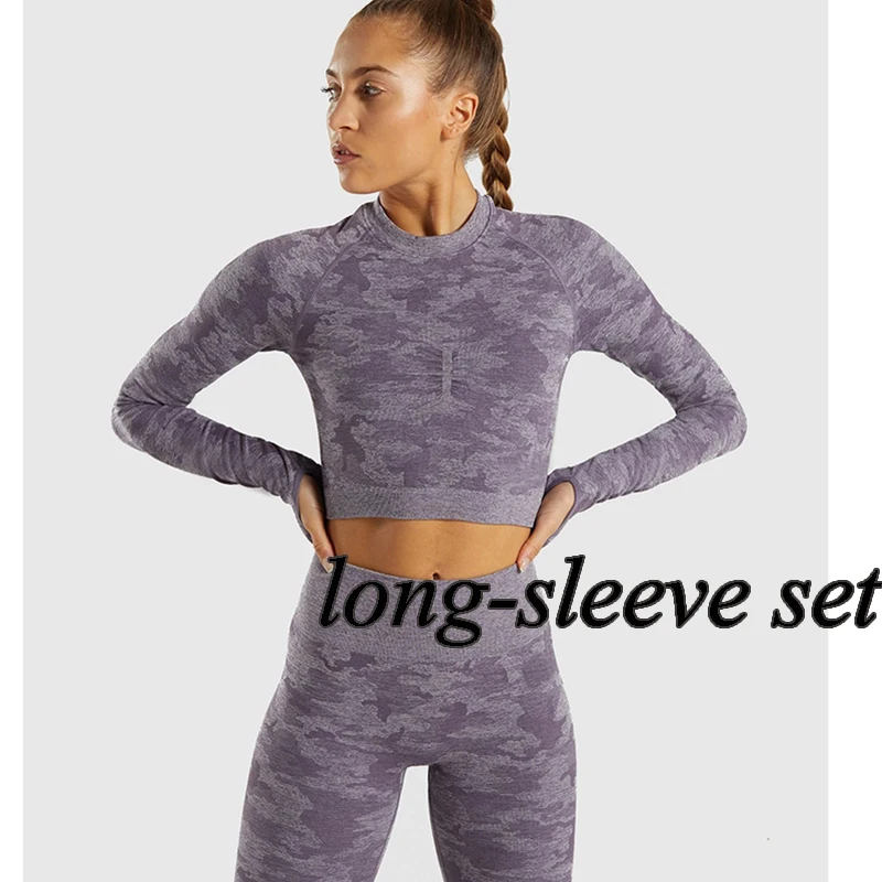 longsleeve set purpl Камуфляжной расцветки, Йога Комплект Для женщин бесшовные Фитнес бюстгальтер для йоги со спортивным бюстгальтером с рисунком камуфляж Высокая Талия тренажерный зал легинсы, штаны для фитнеса костюм тренировки - Цвет: longsleeve set purpl