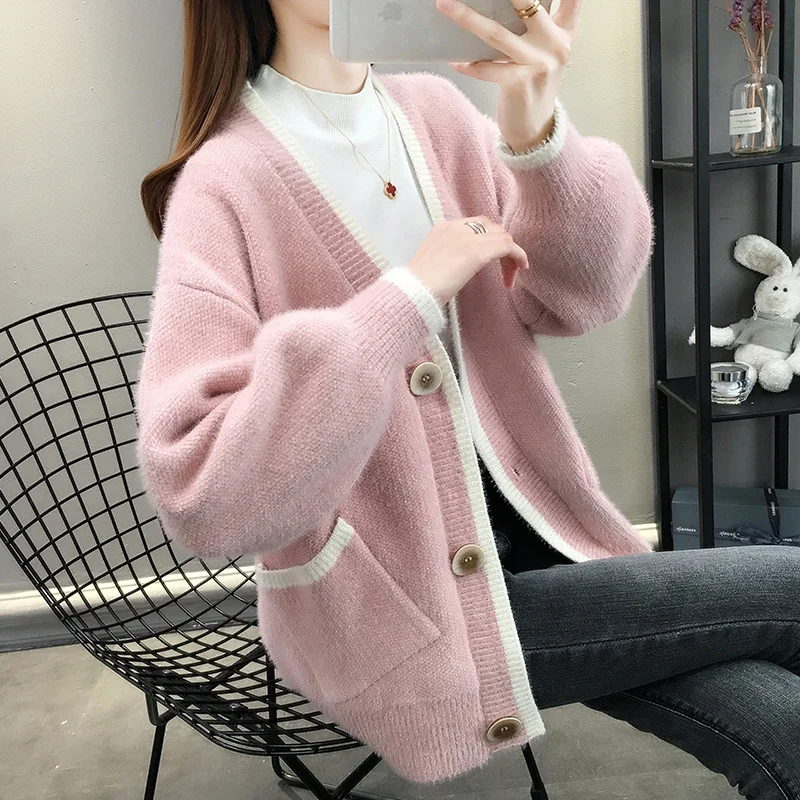 

Lazy wind sweater coat women's autumn new V-neck Korean loose outside chenille knitted cardigan