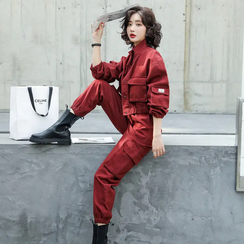 

2021 Spring Professional Denim Suit Female Fried Street Fashion Harem Pants Western Style Tooling Two-piece Fashion Girl Small