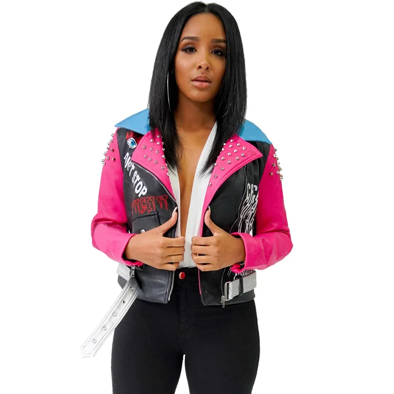 

zipper women's cool leather coat Pu fashion coat new rivet print Lapel contrast