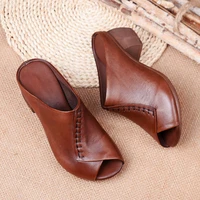 thick heeled soft leather outer slippers fish mouth comfortable versatile mid heeled women sandals womens mothers shoes women