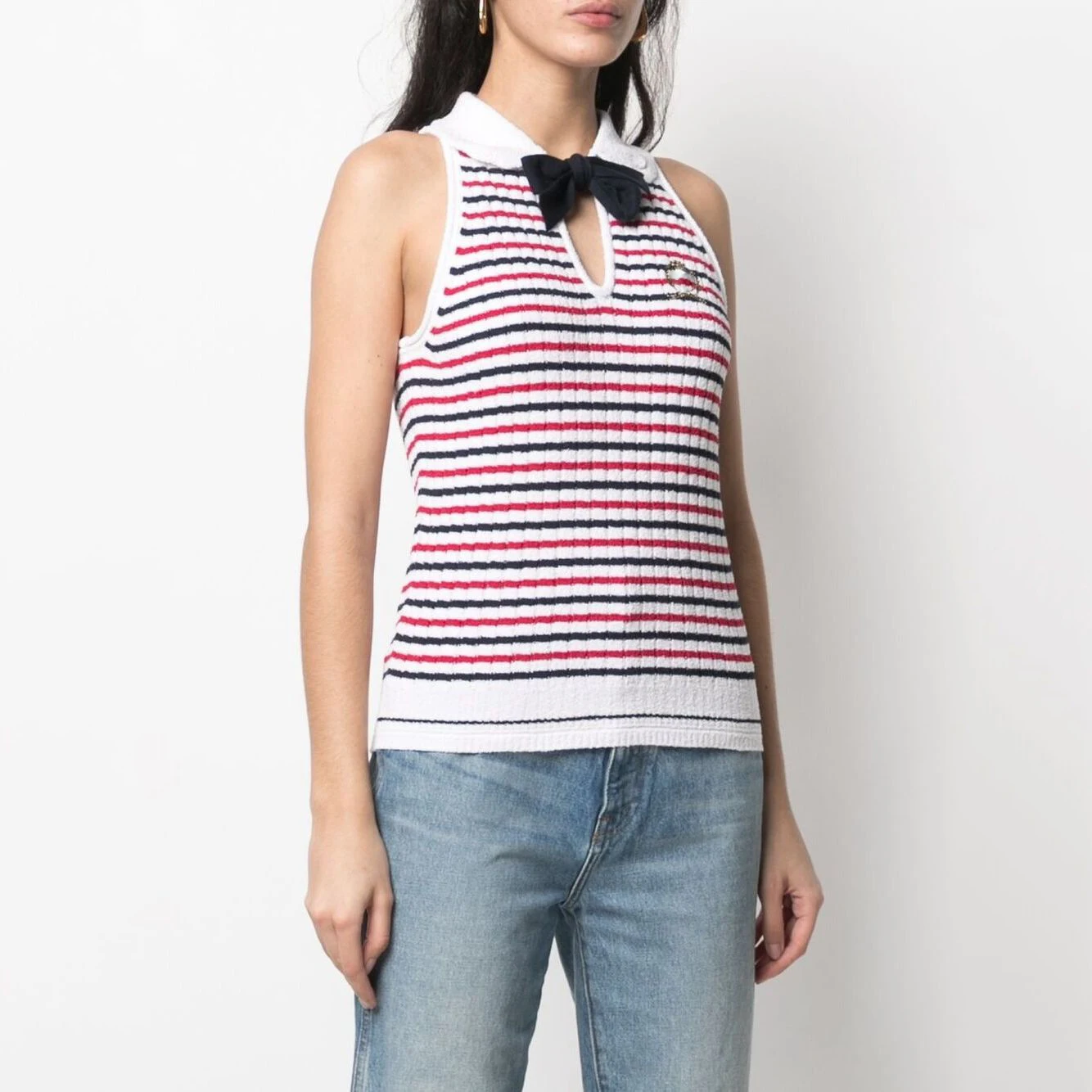 

2021NEW Striped Print Fashion Slim Knit Sweater Blouse, Summer Bow Peter Pan Collar Sleeveless All-match Women's Vest