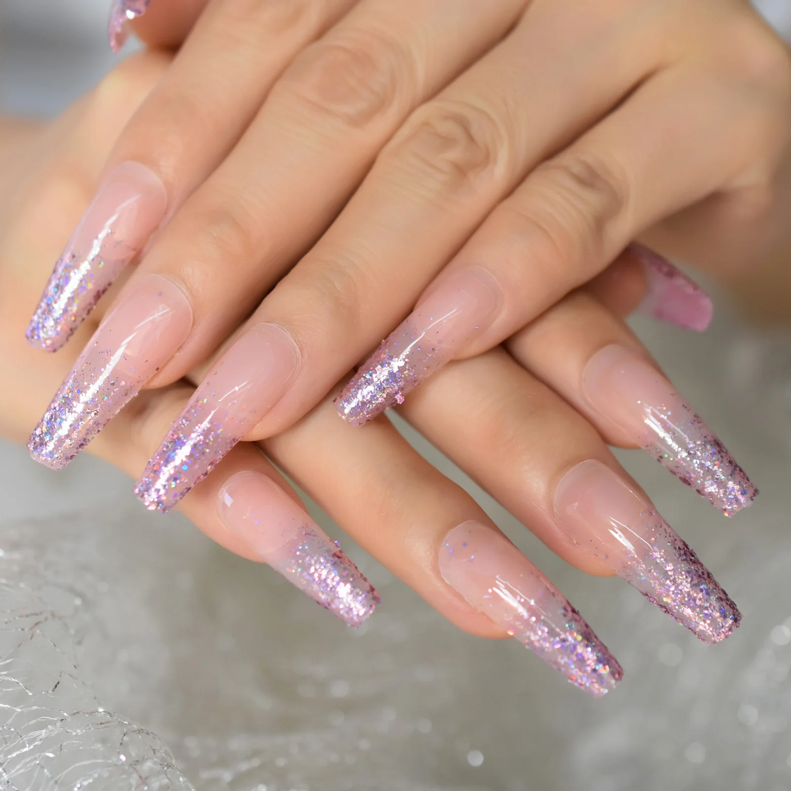 

Extra Long Coffin Nail Translucent Pink Glitter Pre Designs Press On Full Cover Fingernail Manicure Tips Supplies Wholesale