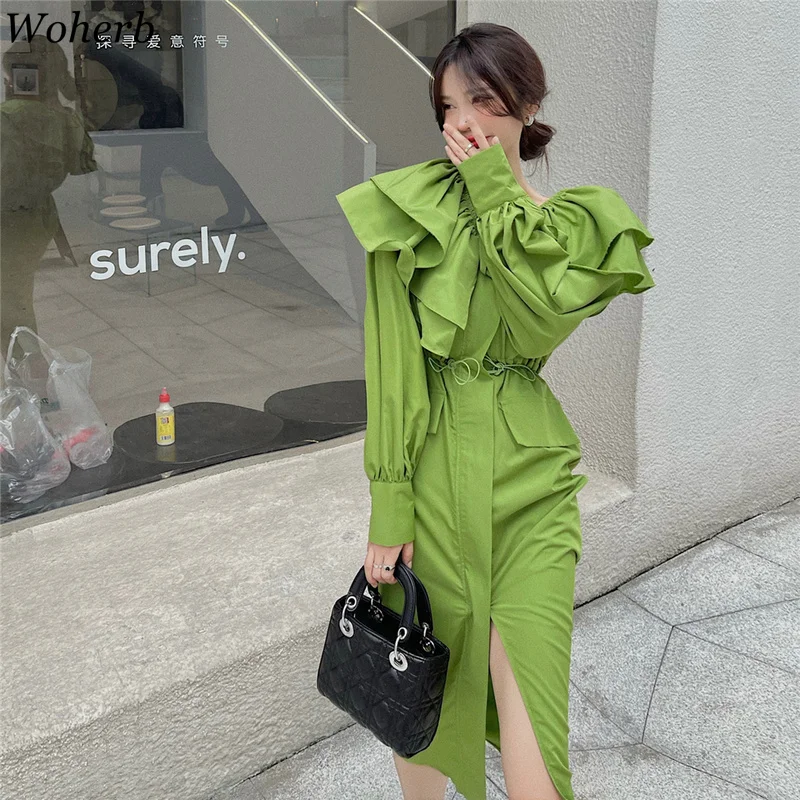 Woherb 2021 повседневное тонкое лоскутное платье с оборками и карманами Женские