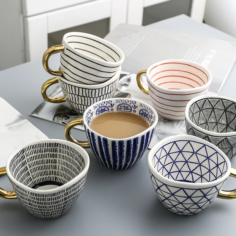 

2021 New Geometric Ceramic Mugs With Gold Handle Handmade Coffee Cups Irregular Shaped Tea Milk Mug Cup Unique Gifts Home Decor