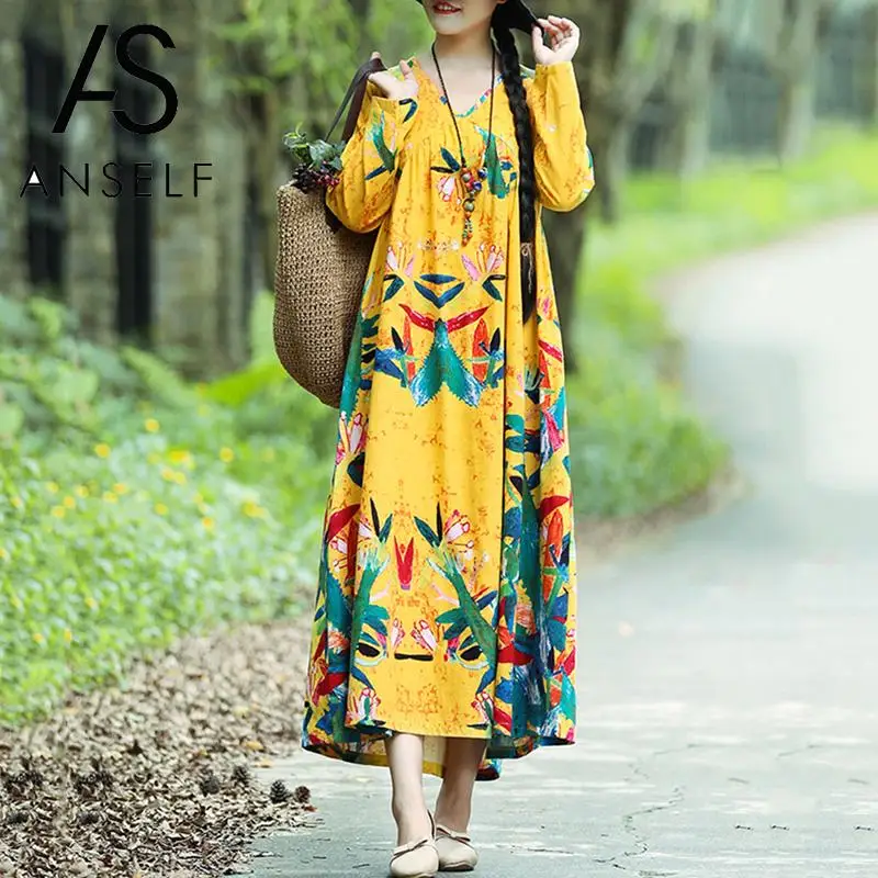 Осеннее женское винтажное хлопковое льняное платье в этническом стиле Женские