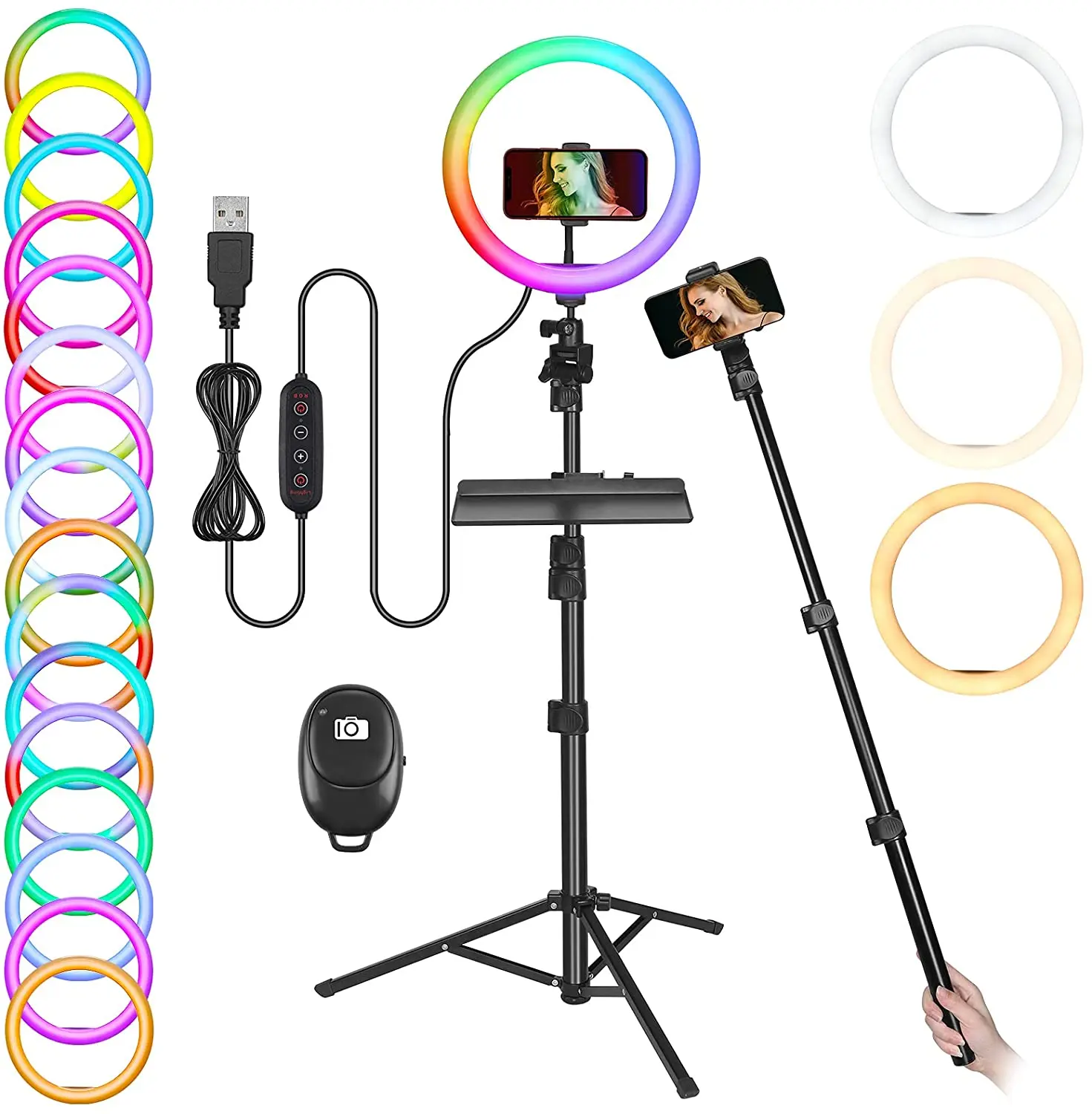 

Кольцевой светильник для селфи 10 "RGB со штативом и держателем для телефона, светодиодный кольцевой светильник с регулируемой яркостью и дис...