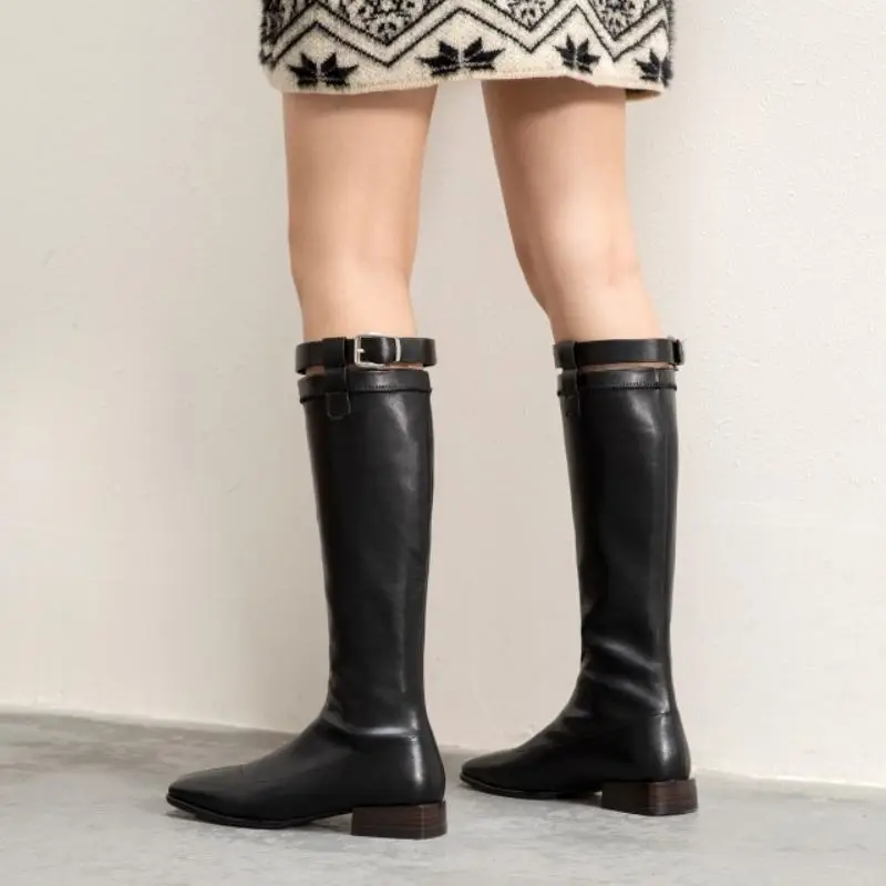 

RIZABINA Women Winter Long Boots Square Toe Women Knee High Boots Fashion Cool Women Shoes Daily Women Footwear Size 31-43