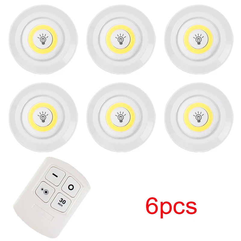6 шт. Dimmable светодиодный светильник под шкаф COB Светодиодные шайбы на батарейках комплекты одежды Дистанционное управление освещением для шкаф для одежды ванная