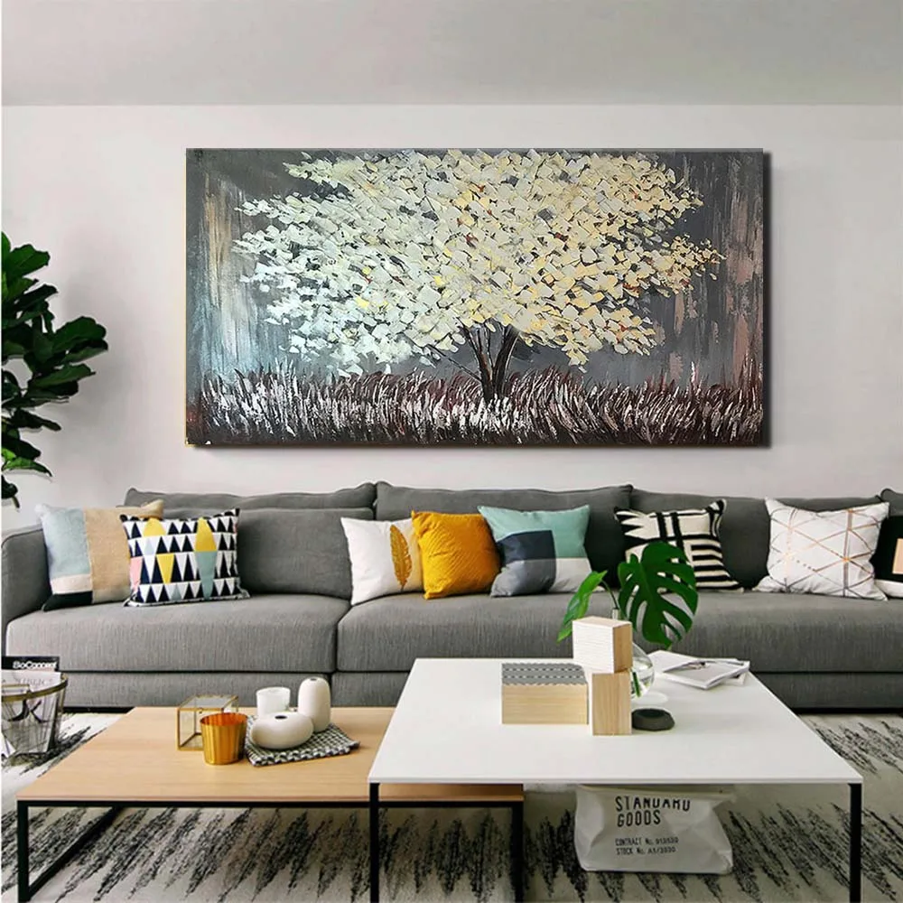 

Hand Painted Modern Impasto Abstract White Tree Landscape Wall Picture Oil Painting Canvas Living Room Home Decor Drop Shipping