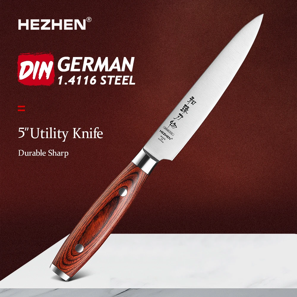 

5-дюймовый универсальный нож HEZHEN, немецкие кухонные ножи из нержавеющей стали DIN1.4116 с деревянной ручкой Pakka