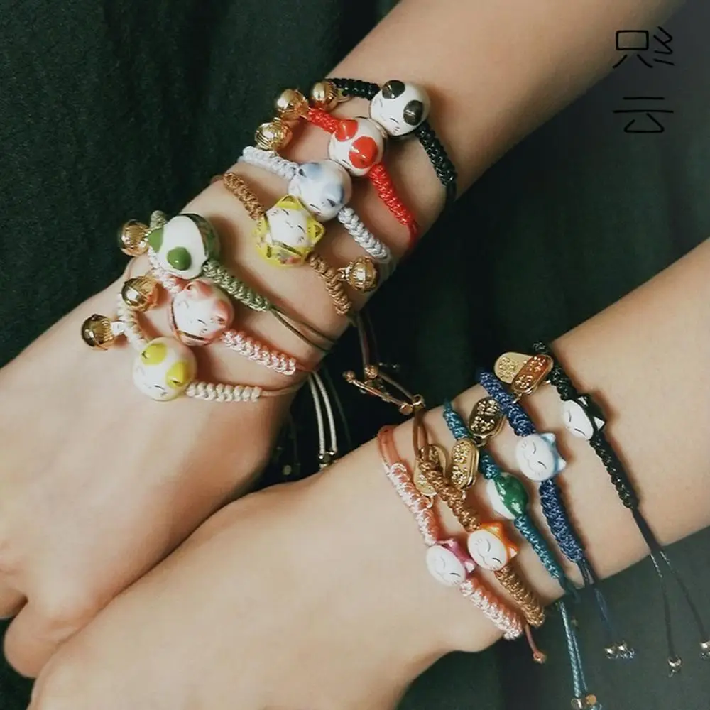 Браслет женский керамический Плетеный красный с котом звездой | Украшения и