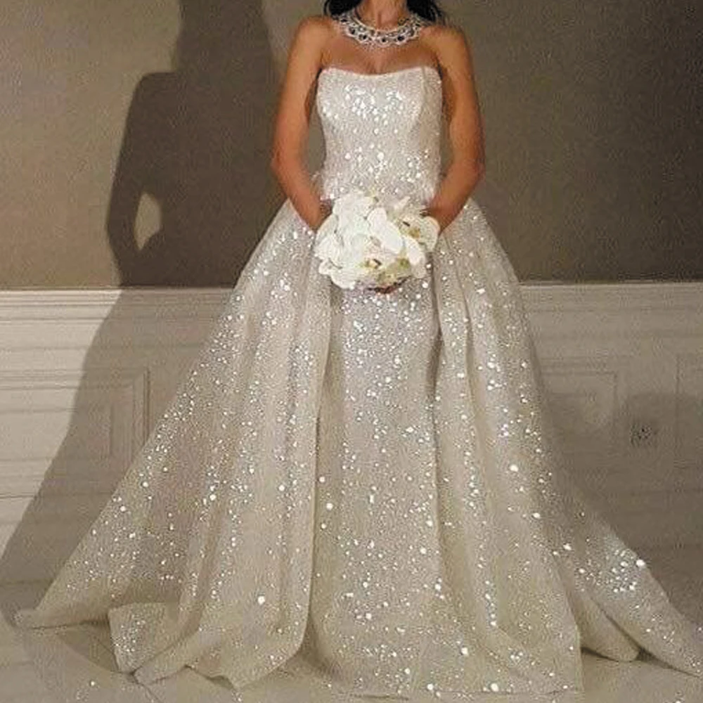 

SuperKimJo Casamento Sparkly Wedding Dress with Detachable Skirt Elegant Arabic Boho Wedding Gowns Robe De Mariage 2020