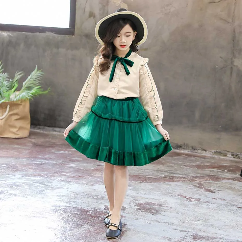 Детская одежда блузка + сетчатая юбка комплект одежды из 2 предметов для девочек в