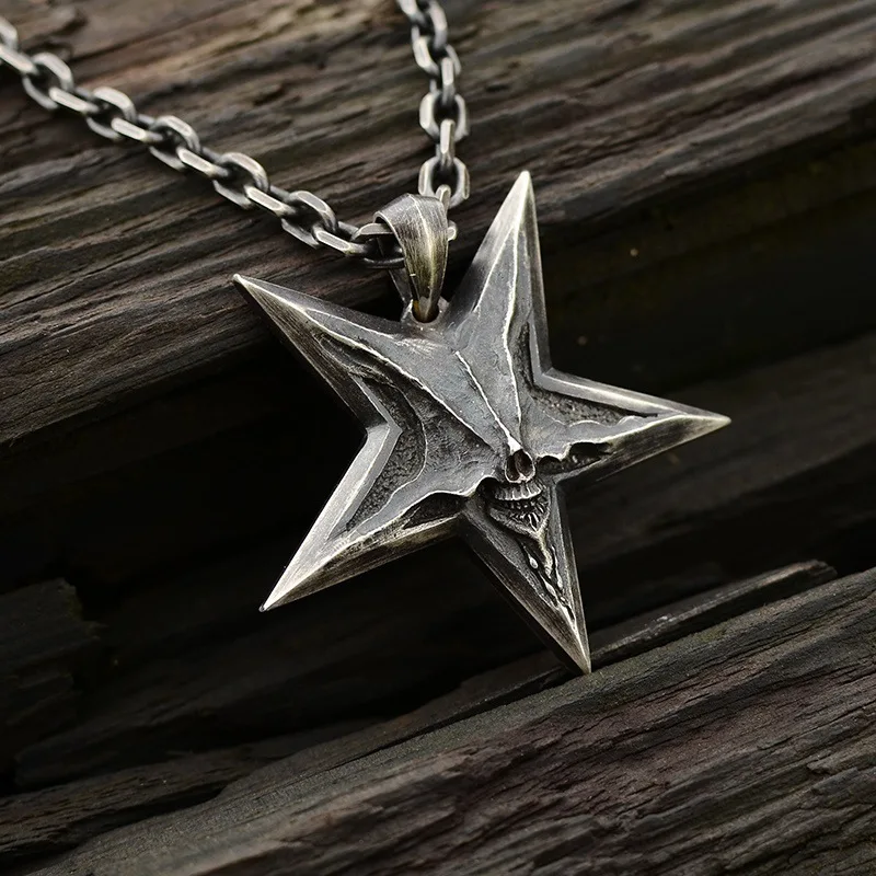

Vintage Thai Silver Men's and Women's Neo-Gothic Punk Style Fashion Five-Pointed Star Popular Pendant Necklace Gift