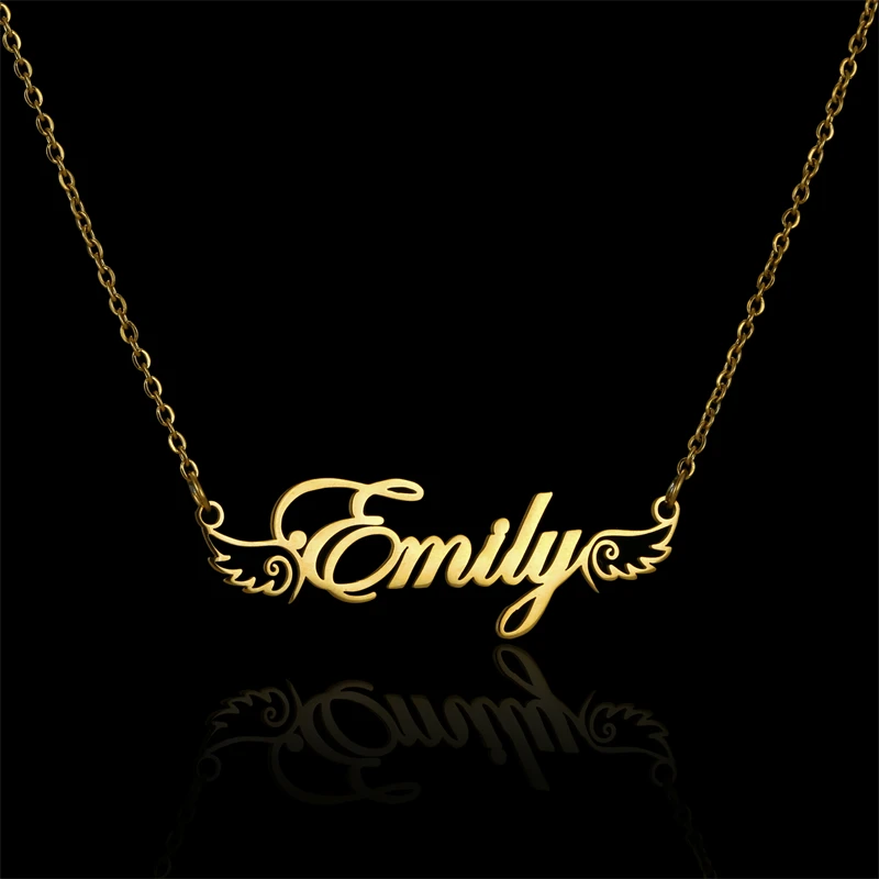 

Stylisteel Custom Name Necklace with Wings Gold Stainless Steel Engraving Letter Pendant Necklace Female Exclusive Nameplate