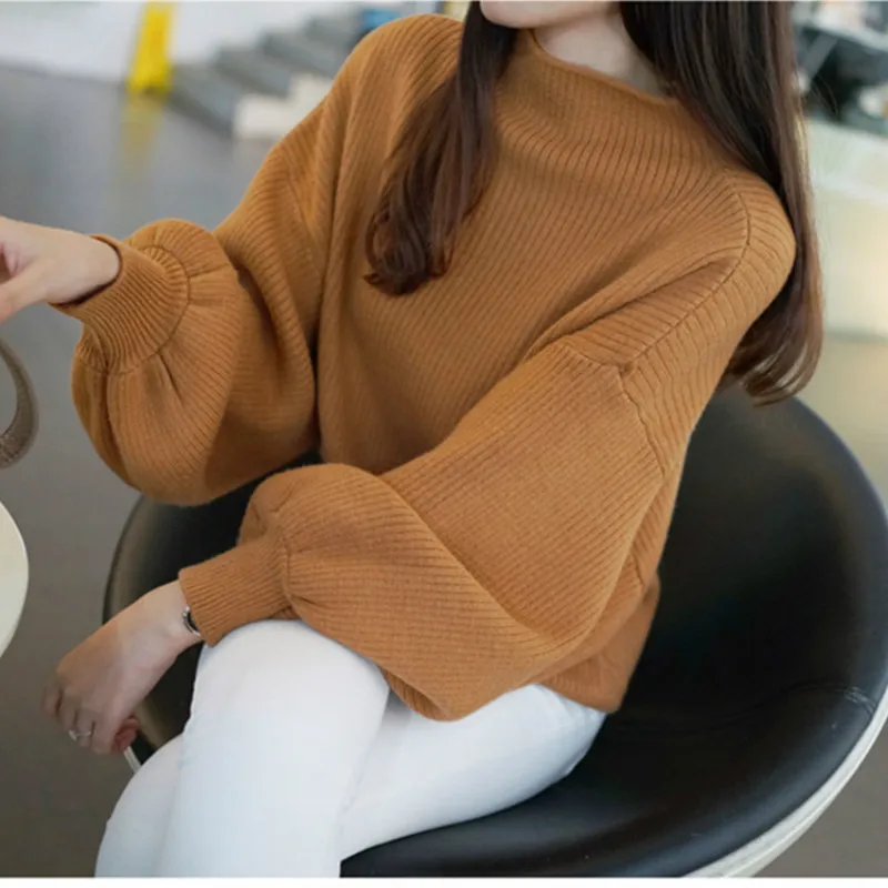 

0.7 New Arrival Thick Winter Knitted Women Sweater Half Turtleneck Lantern Sleeve Batwing Loose Pullover Solid Color Striped