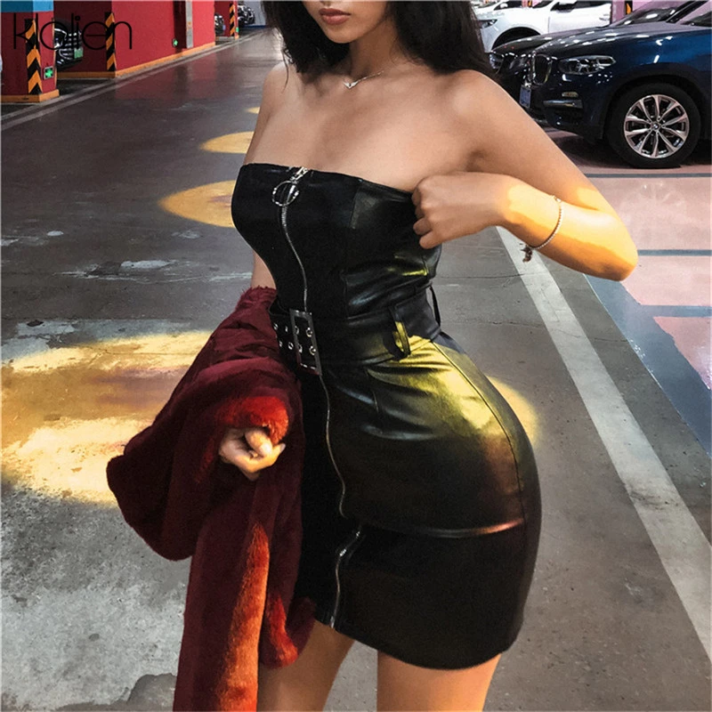 KLALIEN женское весеннее готическое стильное черное платье из искусственной кожи на