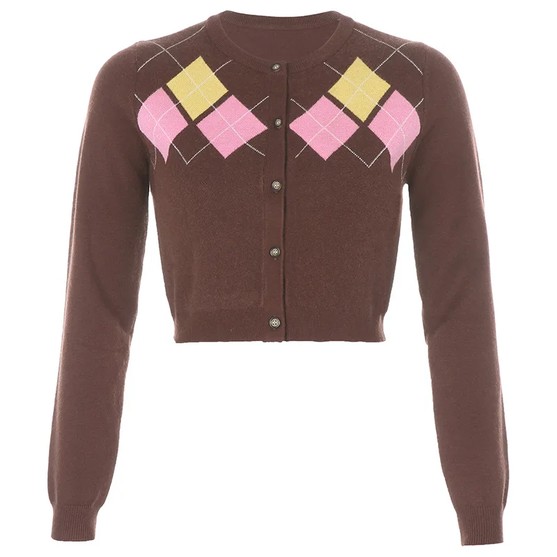 

Women Cropped Cardigan Short Sweater Plaid Knitwear Diamond Print Long Sleeve Top Women Fall 2020 Women Clothing Autumn Vintage