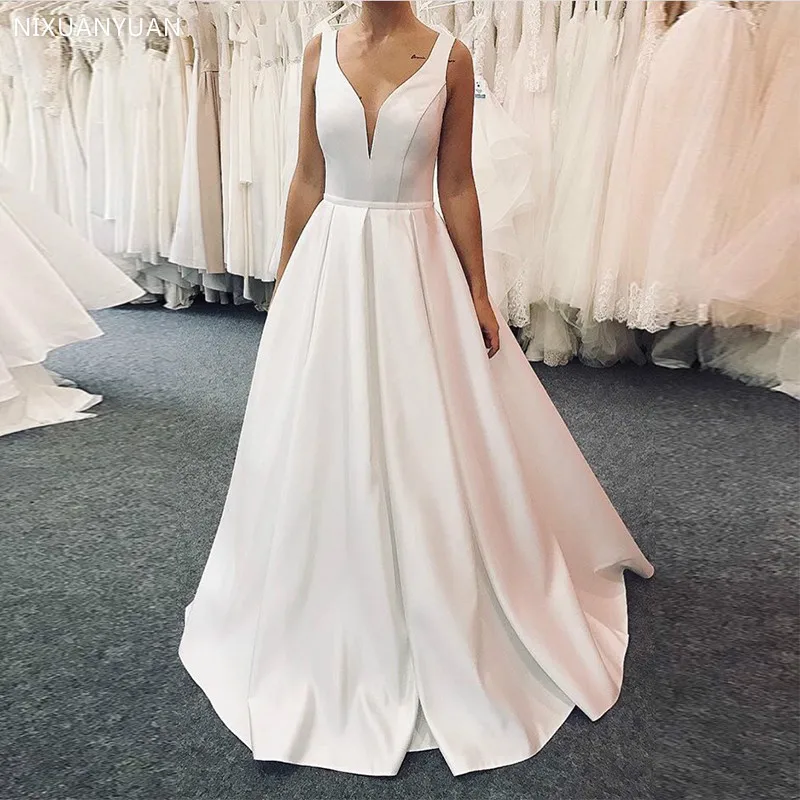 

A-line Wedding Dress Sleeveless Draped Skirt Satin Cheap Bridal Dress Full Length Vestido De Novia Custom Robe De Mariee