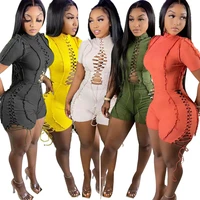 women playsuit solid short sleeve half high collar back zip bandage stretchy playsuits fashion rompers summer outfits