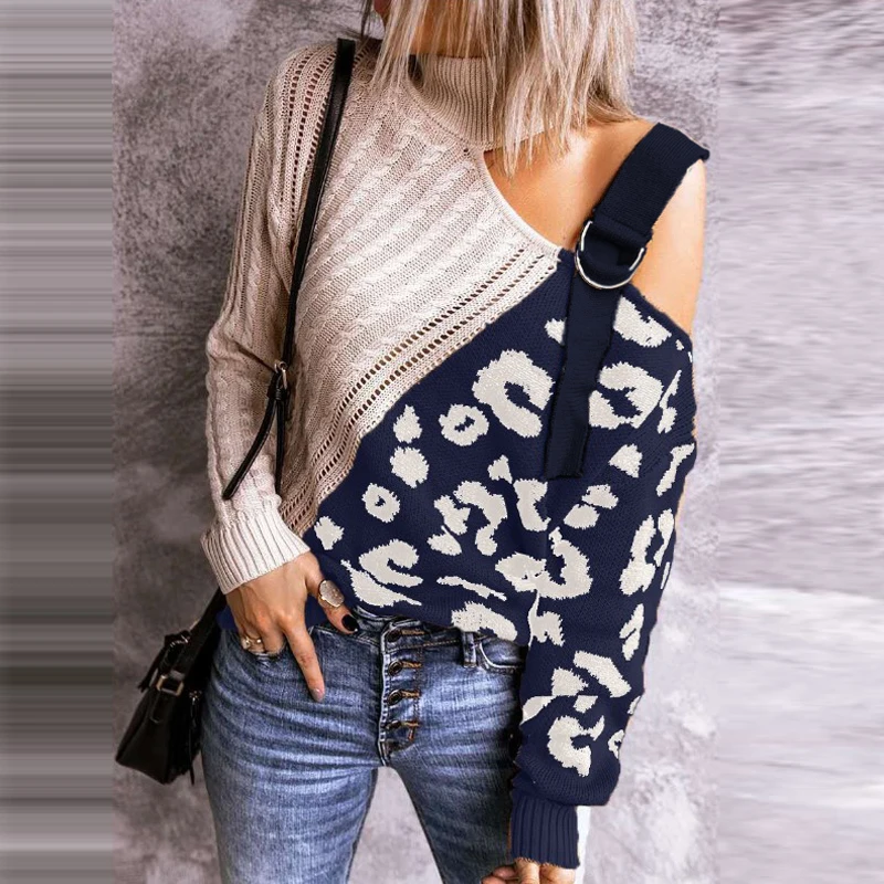 

Elegant Off Shoulder Turtleneck Knitted Sweater Women Leopard Print Patchwork Pullover Tops Lady Long Sleeve Hollow Out Sweaters