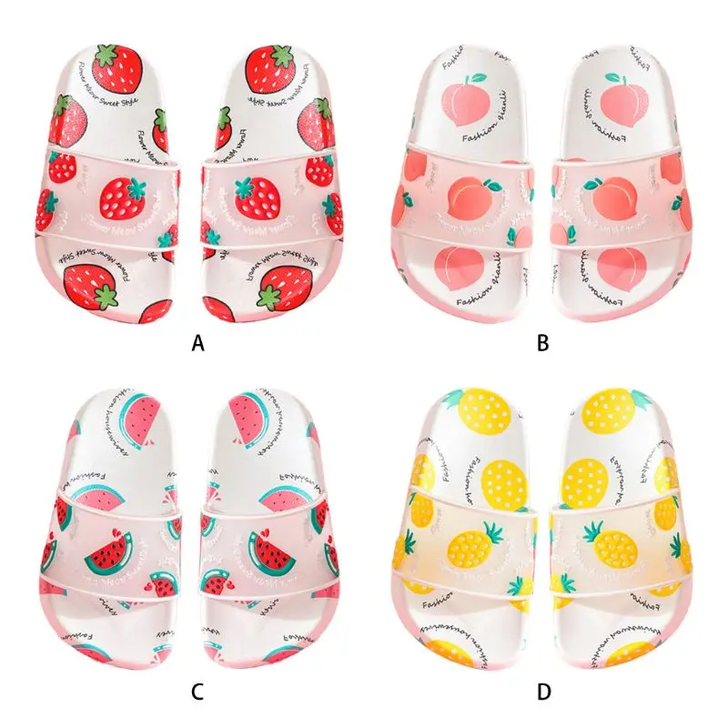 

KLV 1 Pair Cute Cartoon Fruit Print Summer Slide Sandals Anit-Slip Transparent Slippers for Kids Boys Girls
