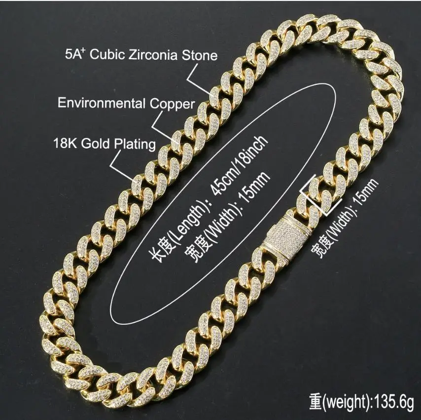 Кубинская цепочка в стиле хип-хоп мужское ожерелье с цепочкой 15 мм полностью из