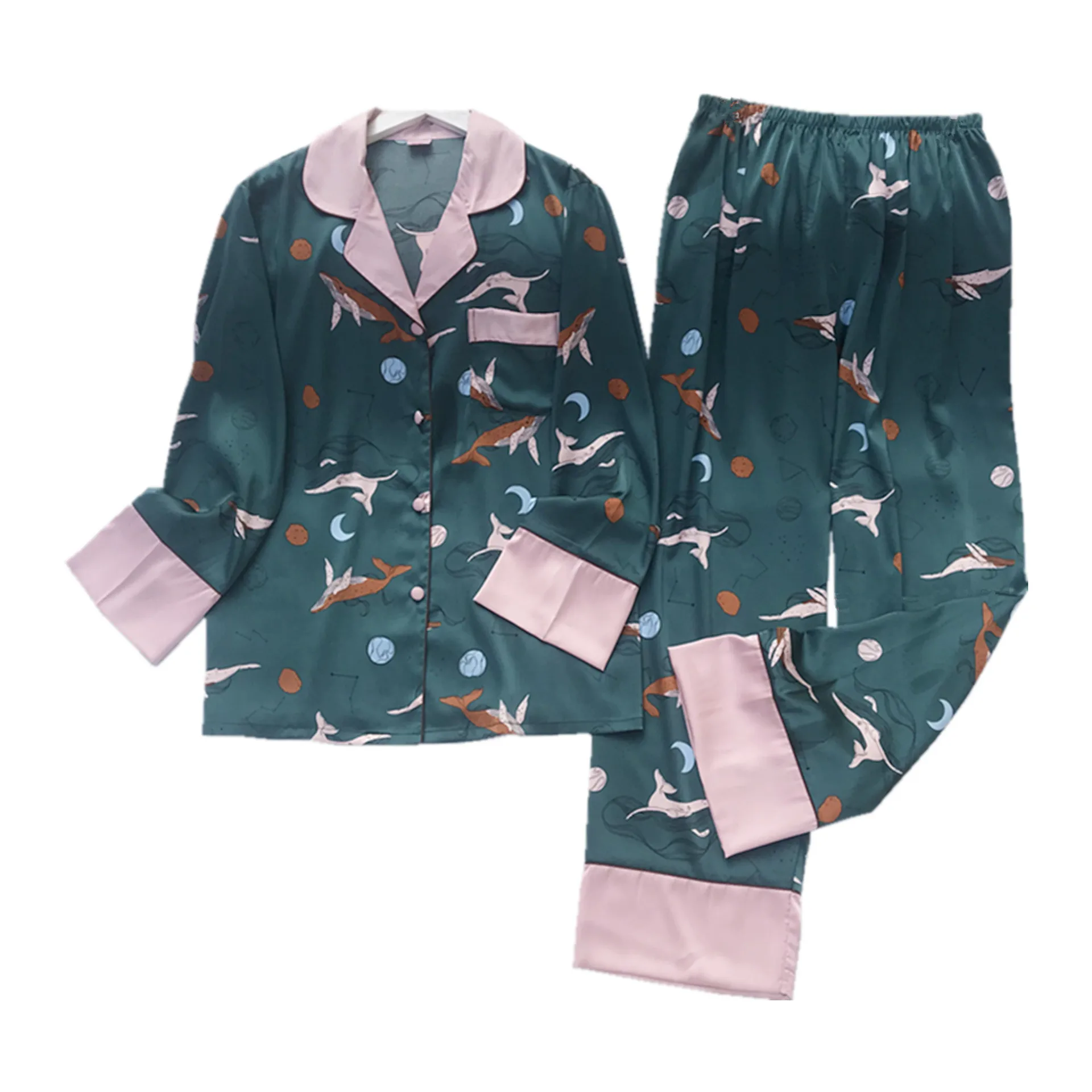 

Sexy Female Fish Printed Satin Sleepwear Spring Autumn Rayon Women Pajamas Long Sleeve Home Suit Two Piece Set Nightwear