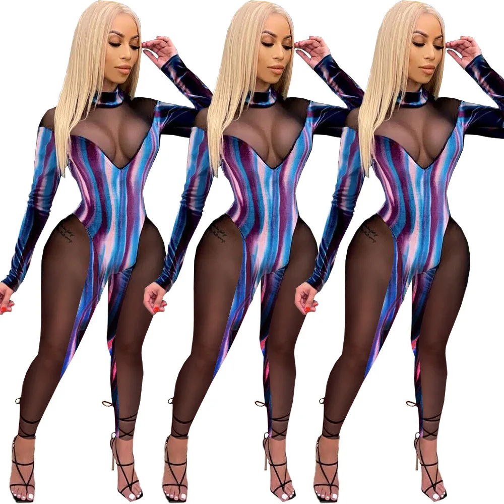 

Colorful sexy suede mesh stitching jumpsuit ladies 2020 women's overalls tights