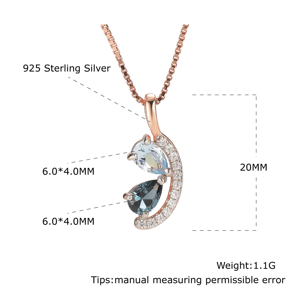 

925 Sterling Silver Blue Topaz Charm Pendants For Women Rose Gold Two-tone Plating Birthday Gifts Fine Jewelry Pear Shape Stone