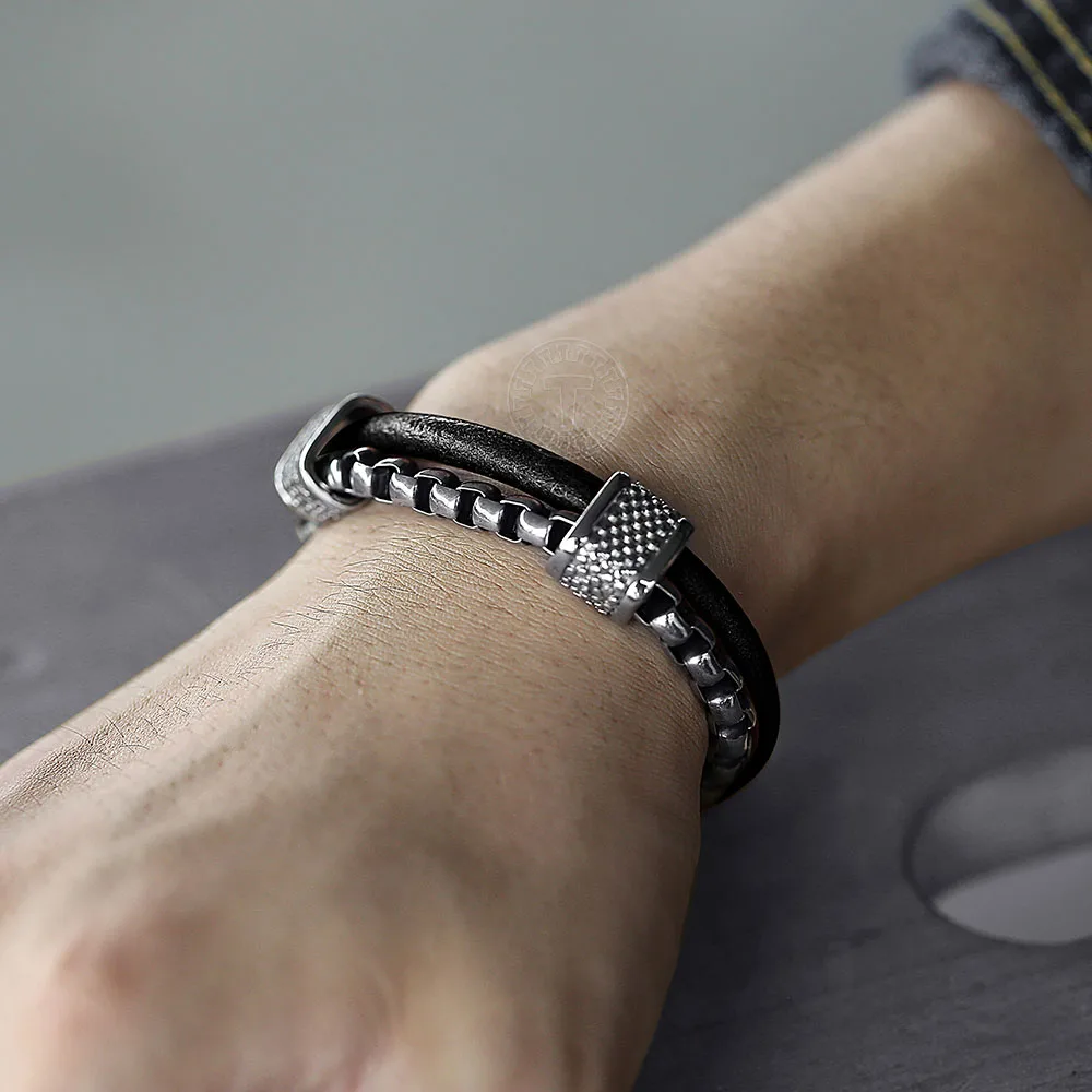 Мужской кожаный браслет Trendsmax черный из нержавеющей стали многослойная цепочка