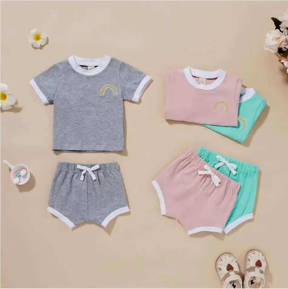 

2021-06-07 Lioraitiin 0-3Years Toddler Baby Boy Girl Summer 2Pcs Clothing Set Short Sleeve Solid Top Shorts Outfit 3Colors