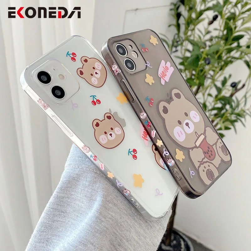 

EKONEDA Cartoon Milk Cherry Bear Case For iPhone 12 11 Pro XS Max XR X 7 8 Plus Protective Case Silicone Soft TPU Back Cover