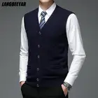 100% шерсть высшего качества новый осенний модный бренд однотонный пуловер свитер v-образный вырез вязаный жилет мужская повседневная одежда без рукавов