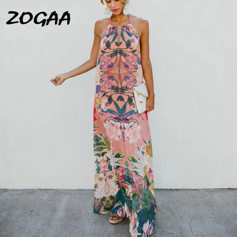 Бохо с цветочным принтом Летнее Длинное платье для женщин 2019 Элегантные Холтер