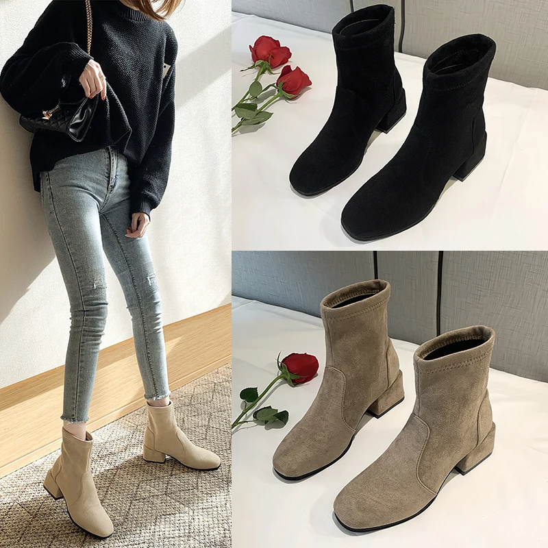 

Women Middle Heel Ankle Boots Suede Leather Square Heel Woman Boots Round Toe Winter Shoes Female Short Boots Autumn Botas Mujer