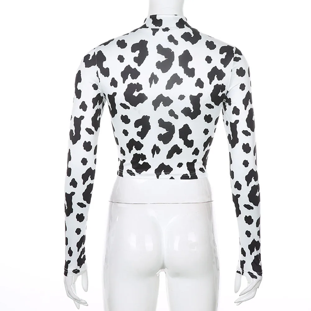 Women Autumn Turtleneck T-Shirt Casual Black White Milk Cow Printed Long Sleeve Tops Bodycon Fit Sexy Basic Pullover Streetwear | Женская