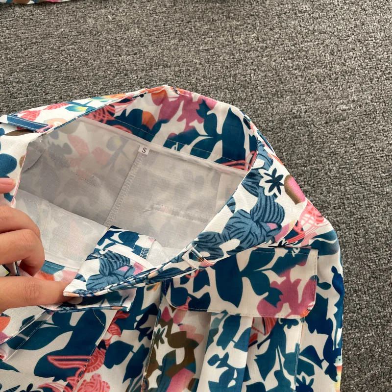 

2021 Summer Vintage Two Piece Set Print Puff Sleeve Blouse and High Waist Shorts with Sash Autumn Loose Suits