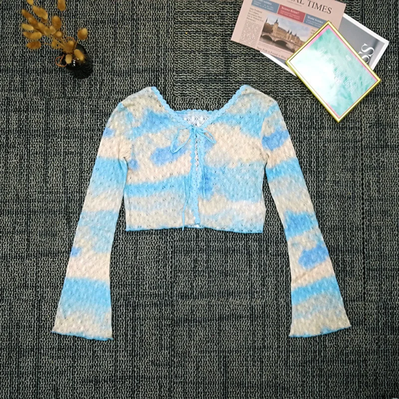 Корейский модный градиентный кардиган вязаный свитер на шнуровке женская