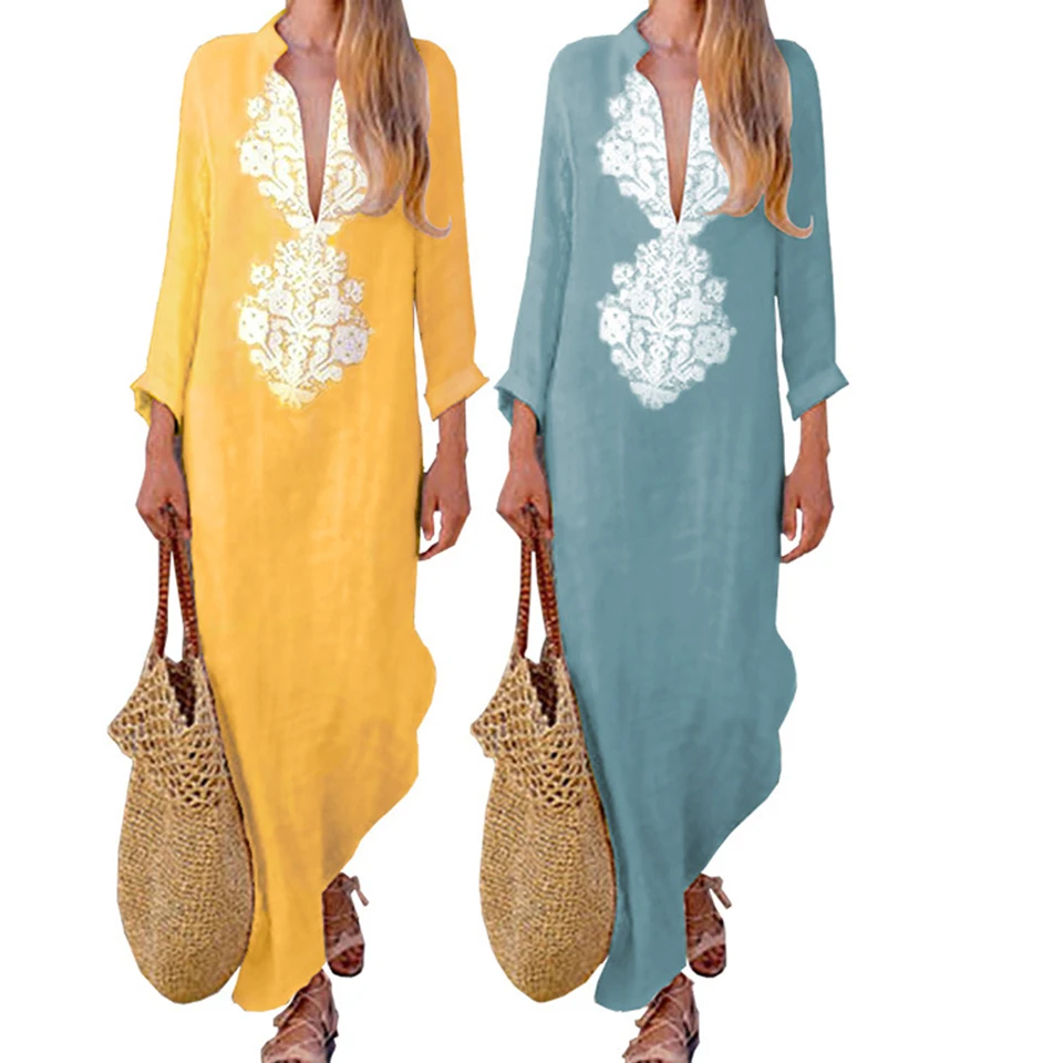 Глубокий Вырез Платье V Образным Вырезом Длинный Рукав Свободный Макси Больше