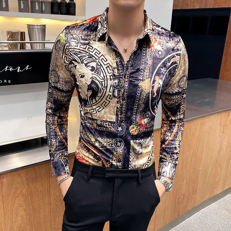 

Men pleuche Shirts Clothes Streetwear Fashion Print Men Casual Shirt Slim Fit Men Shirt Dress Party Tuxedo Camiseta Masculina