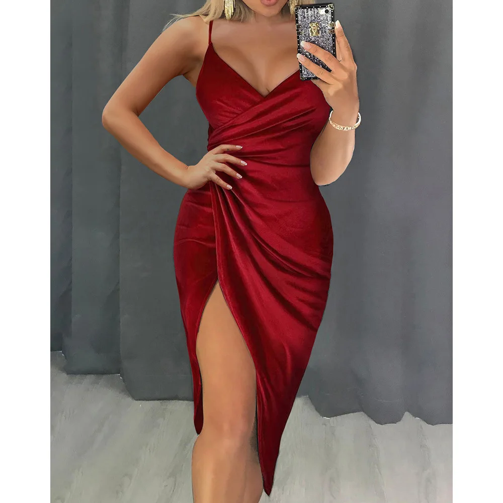 

Women Dress Red Solid Pleated High Slit Spaghetti Strap Vestido Fashion Elegant Club Party Cocktail Sexy Lady Midi Vestidos